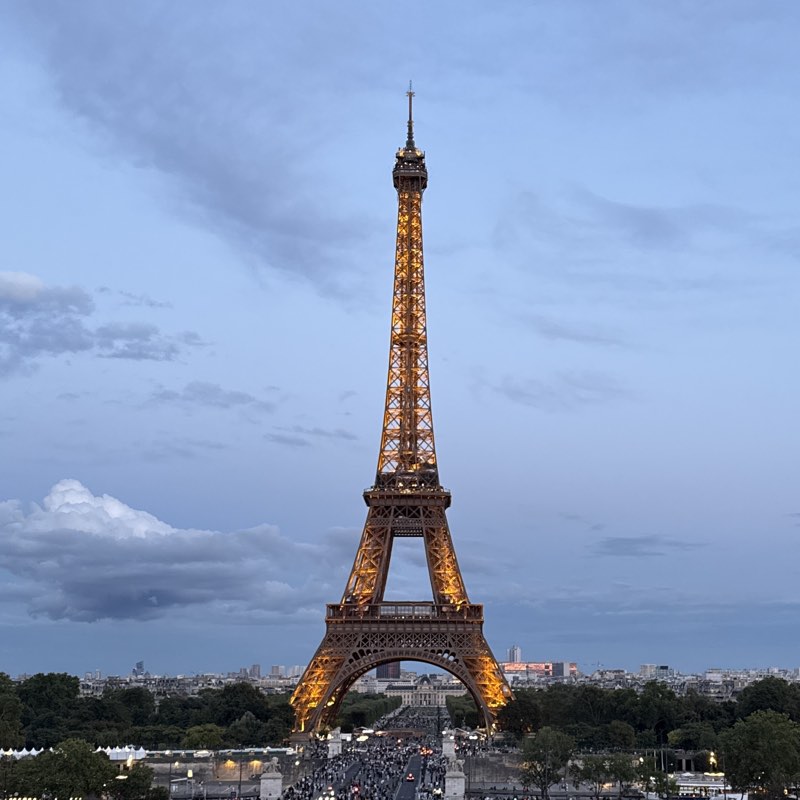 The Eiffel Tower lit up at dusk, seen from Trocadero Square
